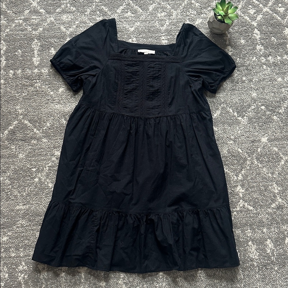LOFT Black Short-Sleeve Tiered Babydoll Dress